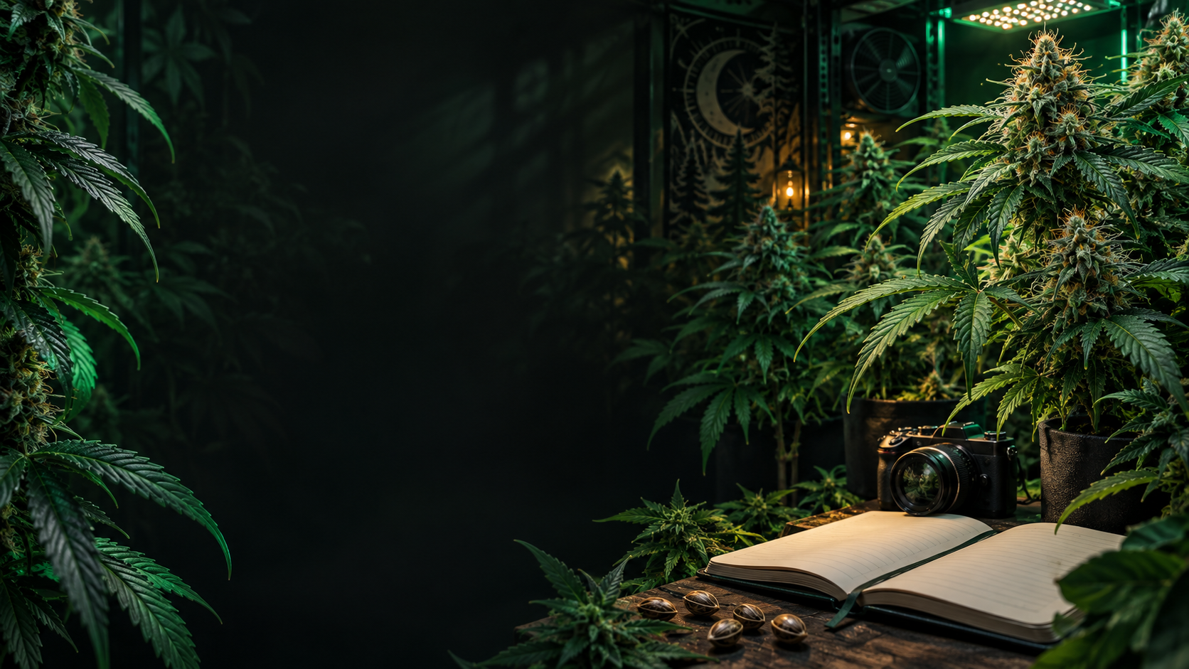 A dark medicinal cannabis garden with flowering plants, a grow notebook and a camera