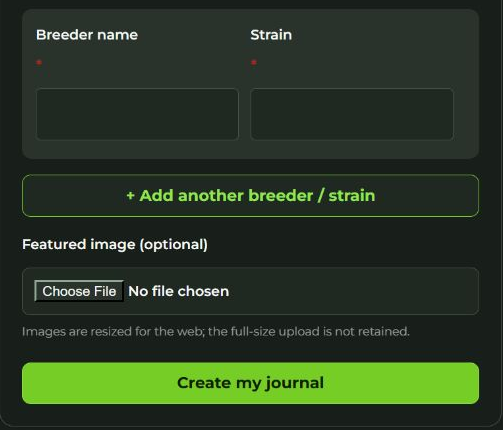 The actual HWGrow start-a-journal form in dark mode