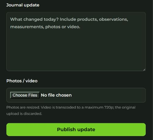 Actual journal text and photo update controls on HWGrow in dark mode