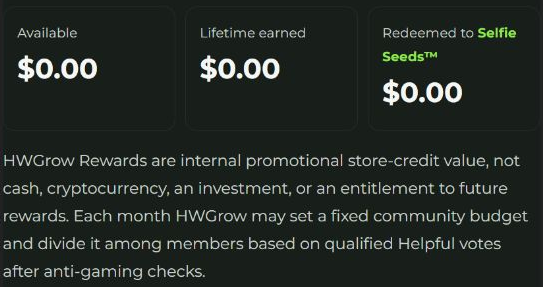 The actual HWGrow available rewards balance in dark mode, showing zero available